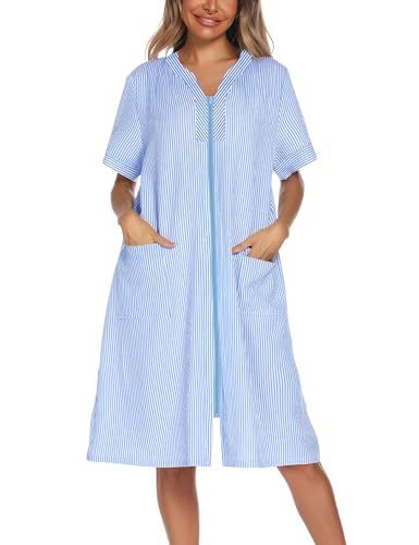 YOZLY Hauskleider für Damen, Reißverschluss vorne, leichter Hausmantel mit Taschen, Hellblau gestreift, XX-Large von YOZLY