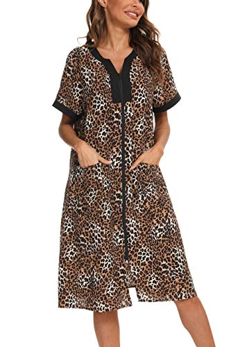 YOZLY Hauskleider für Damen, Reißverschluss vorne, leichter Hausmantel mit Taschen, Leopard, XXX-Large von YOZLY