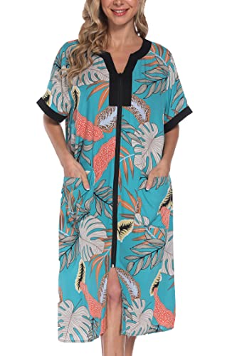 YOZLY Hauskleider für Damen, Reißverschluss vorne, leichter Hausmantel mit Taschen, Seeblau, Large von YOZLY