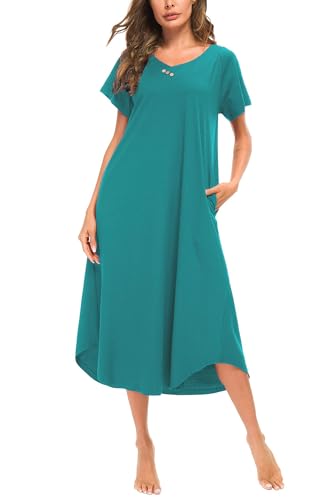 YOZLY Nachthemd Damen Baumwollstrick Lange Nachtwäsche Weich V-Ausschnitt Loungewear S-XXL, seeblau, X-Large von YOZLY