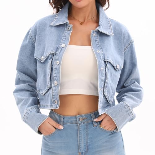 YPCT Damen Cropped Jeansjacke Casual Button Down Kurze Jeansjacke mit Taschen, Hell, blau, Medium von YPCT