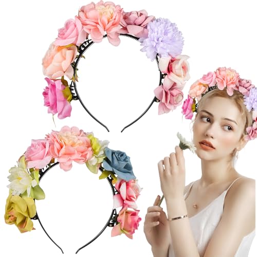 YPLonon Blumen Kranz Stirnband 2 Stück Haarreifen Damen Blumen Rose Braut Haarschmuck Floral Mädchen Blumenkraanz Haare Set für Damen Hochzeit Zeremonie Festival Party Strand von YPLonon