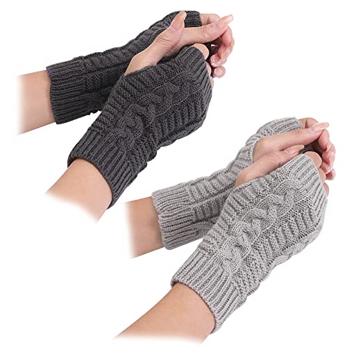 YPLonon Damen Fingerlose Handschuhe 2 Paar Winter Armstulpen 19cm Wärmer Strick Kurzer Gestrickte Hellgrau und Dunkelgrau Pulswärmer für Winter Warmhalten Geschenk von YPLonon