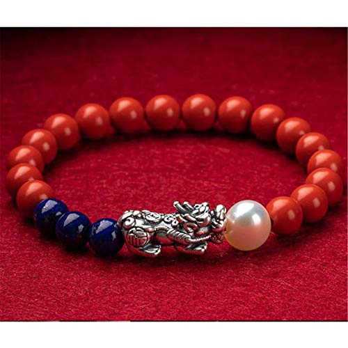 Feng Shui Amulett Pixiu/Piyao-Armband Natürliche Zinnober-Buddha-Perlen Glücksbringer-Armband Silber Ziehen Sie Reichtum und Geld for Frauen/Männer an, Rot, 6 mm ?Zinnober (Farbe: Rot, Größe ( Color : von YPOSPDD