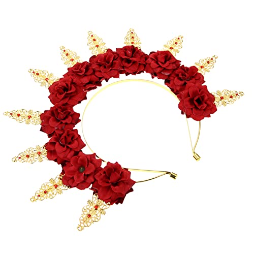 Halo-Kronen-Kopfschmuck, elegantes Tiara-Kopfband, rote Rose, Blumen-Stirnband for Halloween, Hochzeit, Party, Abschlussball (Color : Red) von YPOSPDD