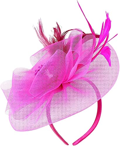 Mesh-Fascinator for Damen, Federn-Teeparty-Hut, Schleier-Stirnband mit Haarspange, Haar-Accessoire, Fasinators-Stirnband (Color : Hot Pink, Size : One Size) von YPOSPDD