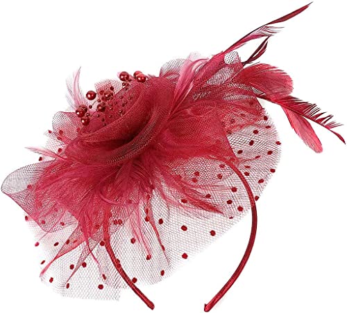 Mesh-Fascinators for Frauen, Tea-Party-Hut, Derby-Hüte, Blumen-Mesh-Federn-Stirnband, lila Haar-Fasinators-Stirnband (Color : Wine Red, Size : One Size) von YPOSPDD