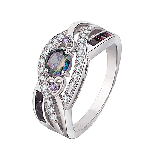 YPOSPDD Eheringe for Frauen_ Herzförmiger Amethyst-Ring, regenbogenfarbener 3a-Zirkon-plattierter Platin-Silberring (Color : Silver, Size : 9) von YPOSPDD