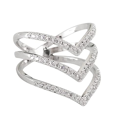 YPOSPDD Eheringe for Frauen_ Silberner V-förmiger Ring, Diamant, dreireihiger V-Strassring, eleganter Strassstein (Color : Silver, Size : 9) von YPOSPDD