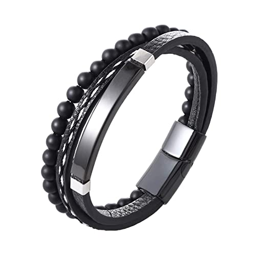 YPOSPDD Graviertes Herren-Lederarmband, gelbes Tigerauge, Steinperlen, Schmuck, Geschenke for Freund, Freundin (Color : A Black Black, Size : 20.5cm) von YPOSPDD