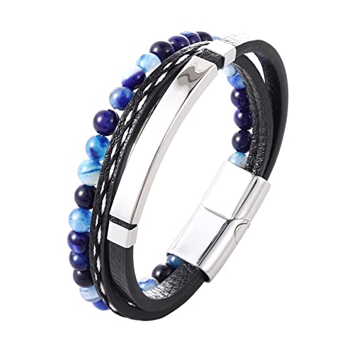 YPOSPDD Graviertes Herren-Lederarmband, gelbes Tigerauge, Steinperlen, Schmuck, Geschenke for Freund, Freundin (Color : A Blue Silver, Size : 18.5cm) von YPOSPDD