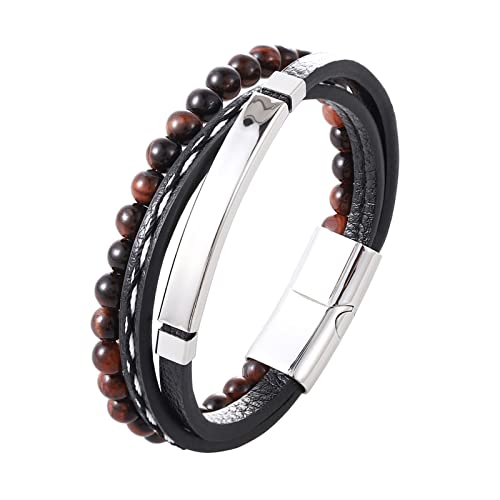 YPOSPDD Graviertes Herren-Lederarmband, gelbes Tigerauge, Steinperlen, Schmuck, Geschenke for Freund, Freundin (Color : A Red Silver, Size : 22cm) von YPOSPDD