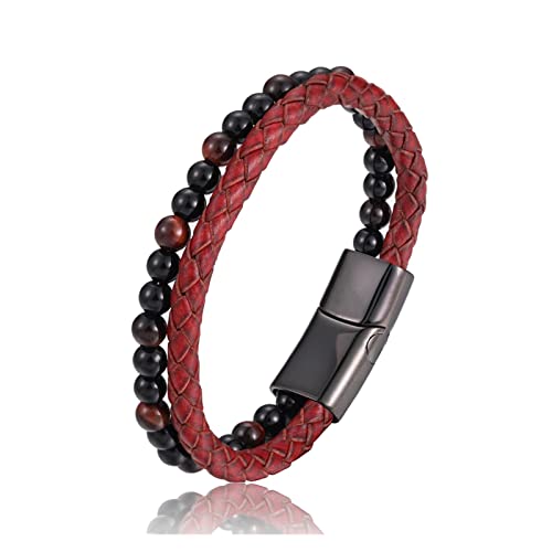 YPOSPDD Perlenarmband Naturstein Echtes Leder Edelstahl Verschluss Armreif for Männer Frauen Charm Manschettenschmuck (Color : A Red, Size : 22cm) von YPOSPDD