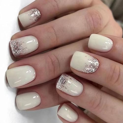 24 Stück French Tip Press on Nails kurz quadratisch falsch einfarbig Acryl volle Abdeckung zum Aufkleben für Damen von YPREWY