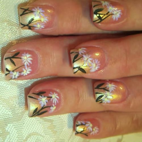 24 Stück kurze quadratische Nägel zum Aufdrücken, französische künstliche Blumen-Designs, zum Aufkleben, Maniküre-Dekorationen für modische Frauen, französische Spitzen von YPREWY