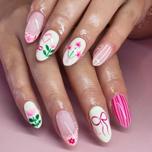 Künstliche Nägel zum Aufdrücken, künstliche Fingernägel, Blumendesign, französische Spitzen, Acrylkleber, Nägel für Damen, transparent, 24 Stück von YPREWY