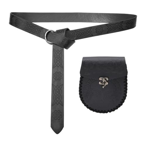 Mittelalter Kostüm Gürtel mit Münztasche Verstellbarer PU Leder Taillengürtel und Geldbörse Set Halloween Party Cosplay Zubehör, Schwarz A von YPREWY