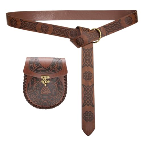 Mittelalterlicher Kostümgürtel mit Münztasche, verstellbarer PU-Leder-Taillengürtel und Geldbörsen-Set, Halloween-Party, Cosplay-Zubehör, Braun B von YPREWY