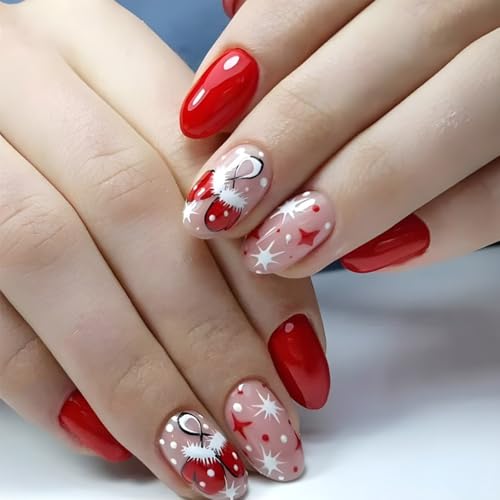 YPREWY 24 Stück Weihnachtsnägel zum Aufdrücken, kurze Mandel-Acrylnägel mit Handschuhen, glänzende Kunstnägel für Damen und Mädchen von YPREWY