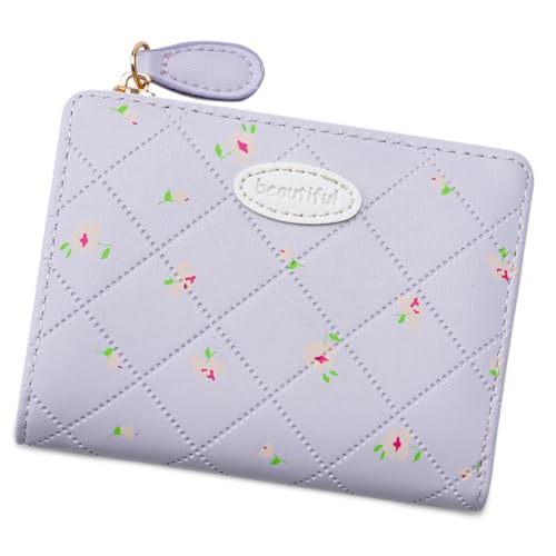 YPREWY Damen-Geldbörse mit Kartenhalter, Blumendruck, Münzgeldbörse, stilvoll, kurz, PU-Leder, Kleingeldbörse, schöner Blumendruck, mit Kartenhalter, hellviolett, Mass Beauty von YPREWY