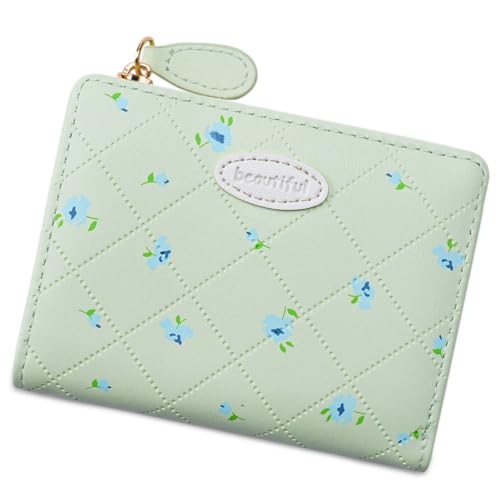 YPREWY Damen-Geldbörse mit Kartenhalter, Blumendruck, Münzgeldbörse, stilvoll, kurz, PU-Leder, Kleingeldbörse, schöner Blumendruck, mit Kartenhalter, lichtgrün, Mass Beauty von YPREWY
