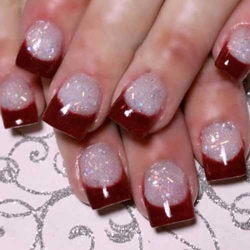 YPREWY Künstliche Nägel, Herbst, kurz, quadratisch, französische Spitzen, mit glitzernden Acrylnägeln für Damen, Maniküre, Nägel, Zubehör, 24 Stück von YPREWY