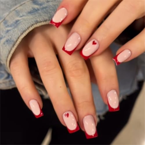 YPREWY Quadratische künstliche Nägel, zum Aufdrücken, Herz, Acryl, französische Spitze, vollständige Abdeckung, zum Aufkleben, für Damen, 24 Stück von YPREWY