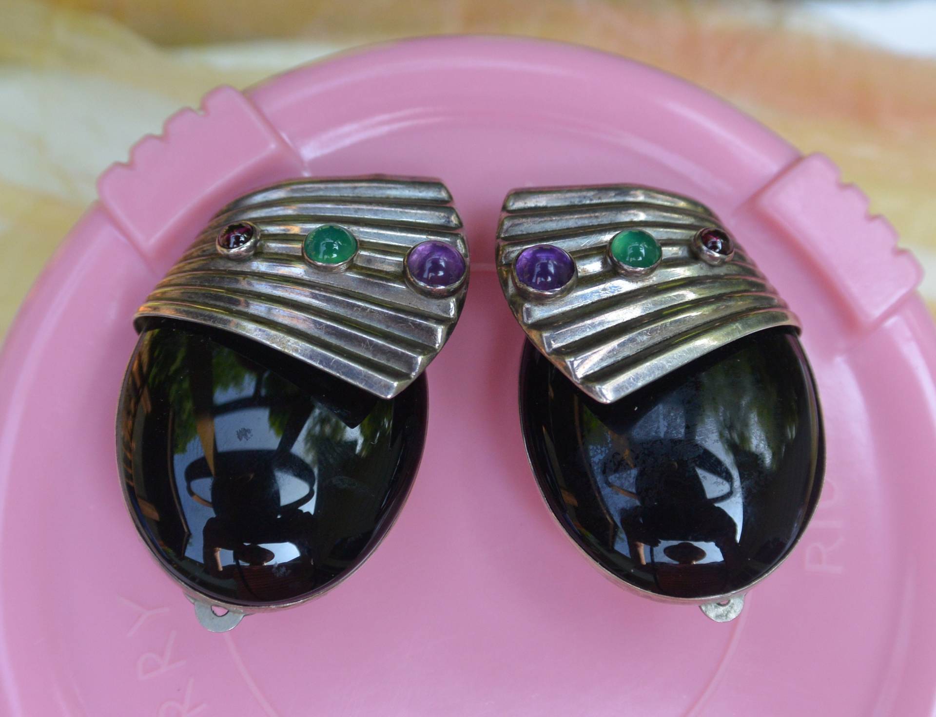 Vintage Tulla Booth Onyx Sterlingsilber Ohrclips von YPSA