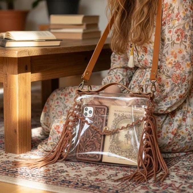 Boho Chic Transparente Umhängetasche Mit Gewebten Fransen Vegan Pvc Festival Geldbörse Für Hippie-Seele Und Künstlergeist von YPSILONBAGS