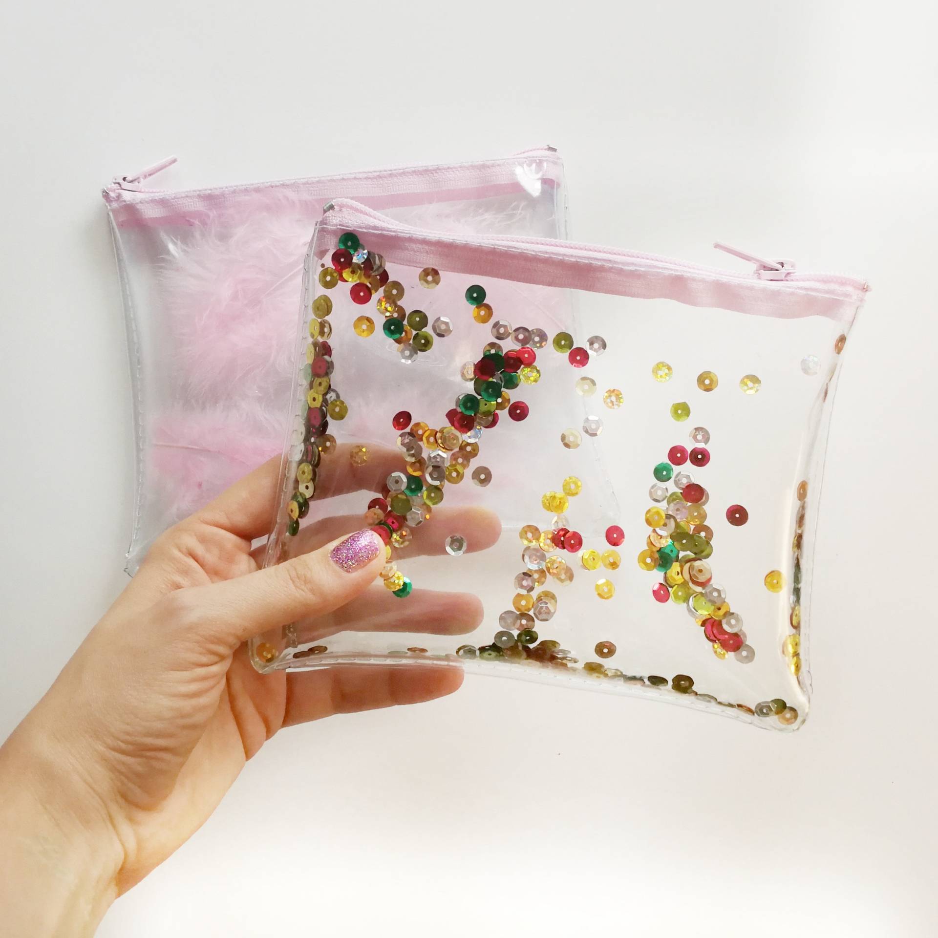 Bunte Pailletten Make-Up Tasche Rosa Reißverschluss Transparent Vinyl Beutel Klar Kosmetik Organizer Glitter Vanity Case Premium Produkt von YPSILONBAGS