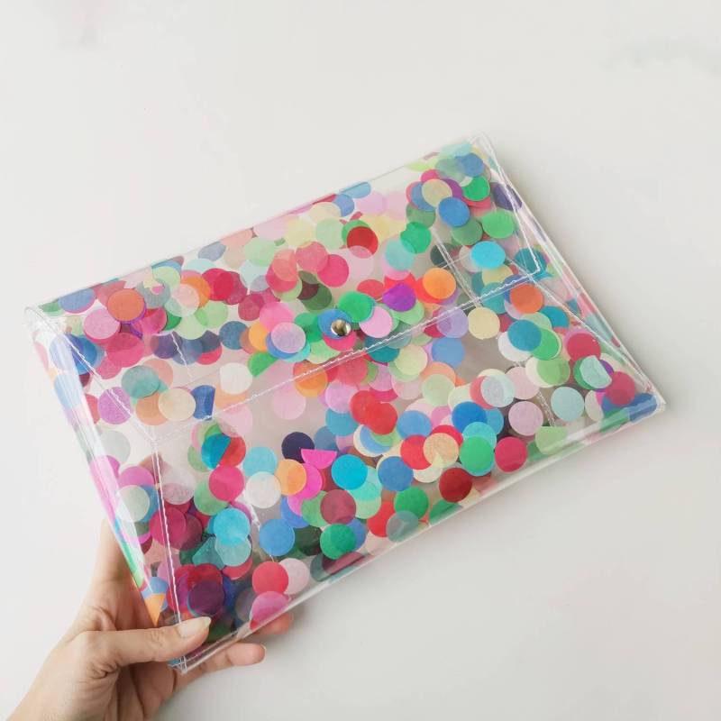Confetti Clutch Abendtasche Aus Klarem Vinyl, Bunte Schreibwarenmappe von YPSILONBAGS
