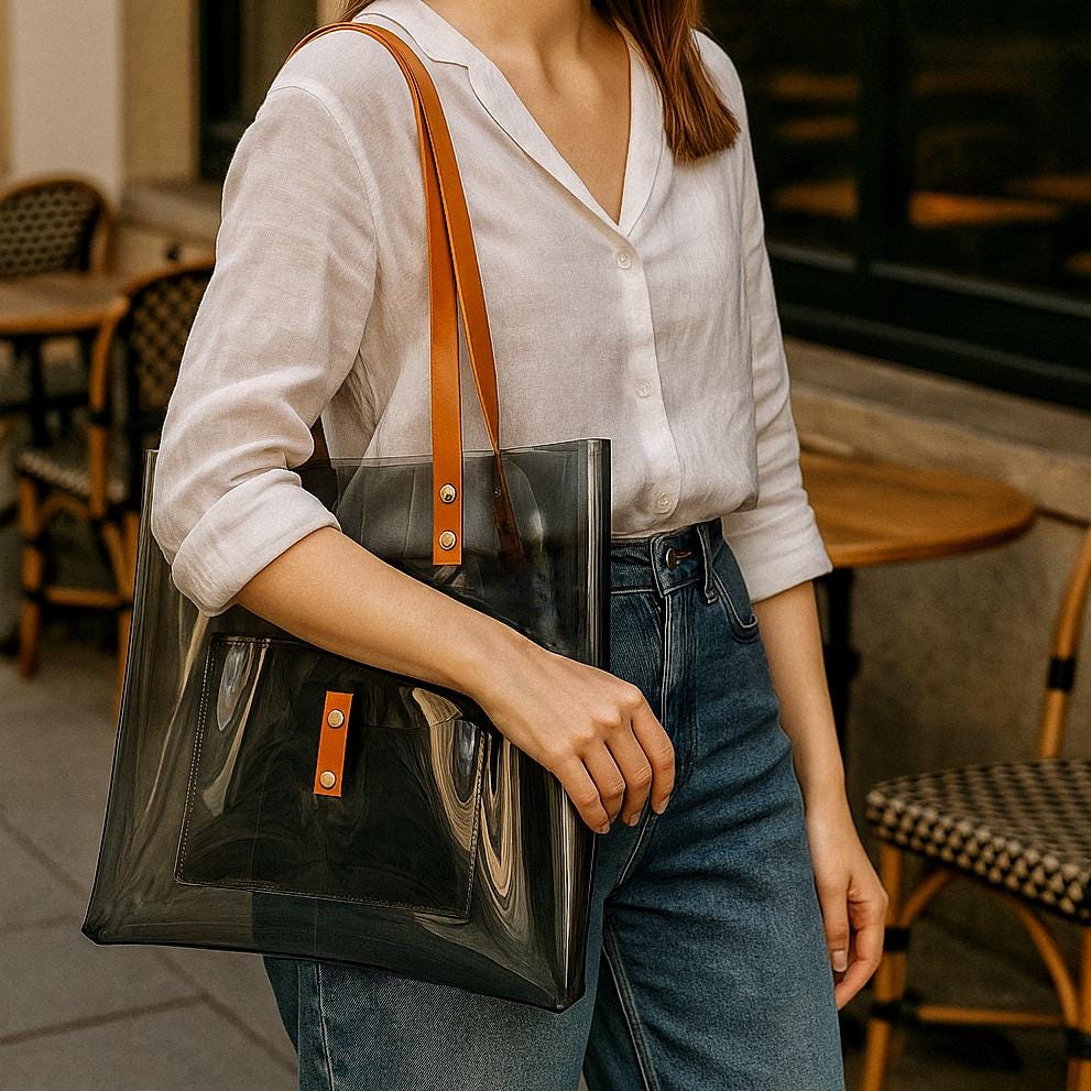 Schwarz Transparent Tote Bag Rindsleder Schulter Handtasche Klar Urban Minimalist 90Er Jahre Mode Büro Arbeit Statement Stück Alltagsstil von YPSILONBAGS