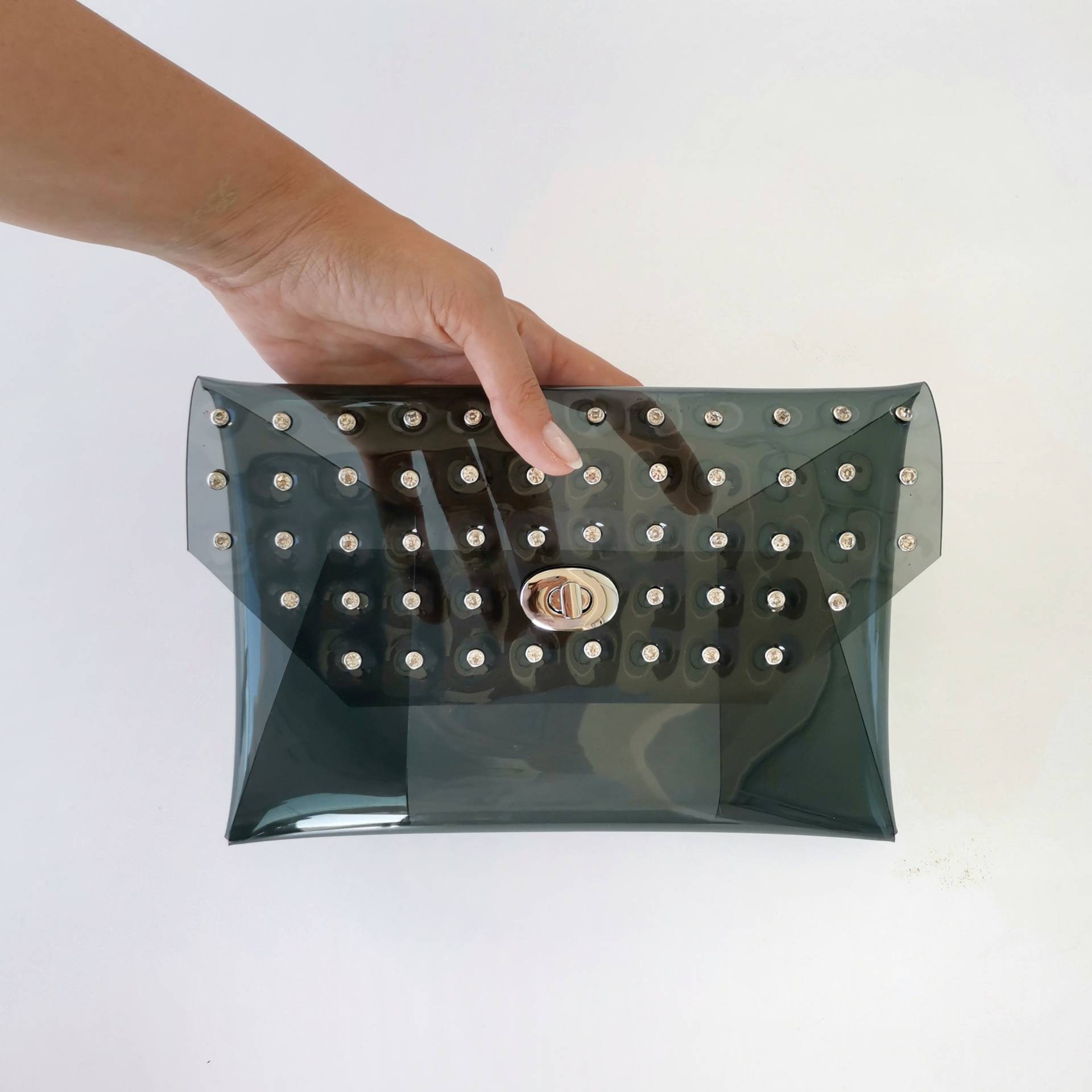 Schwarze Strass Pvc Clutch Transparente Umschlagtasche, Vegan Geschenk von YPSILONBAGS