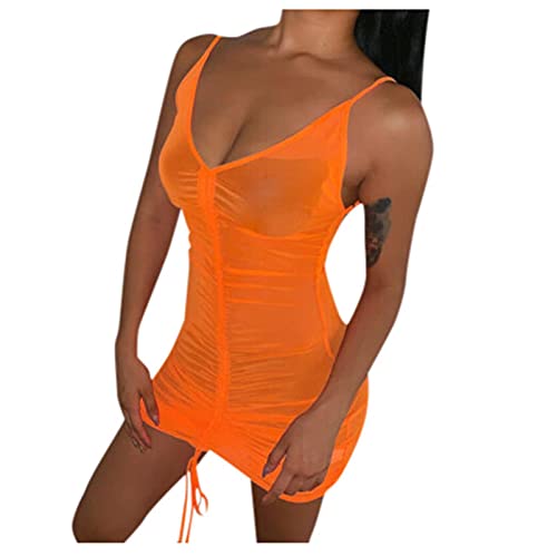 YQHWLKJ Damen Sheer Mesh Sexy Dessous Erotische Spitze Transparent Neon Figurbetontes Minikleid Baby Doll Langerie-Orange,XL von YQHWLKJ