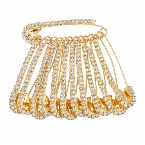 12 Stück Goldene Sicherheitsnadeln Groß, Strass Verzierter Sicherheitsnadeln, Große Goldene Kristall Dekorative Brosche für Damen Kleidung Röcke Pullover Schal Revers Hut Accessoires von YQQYG