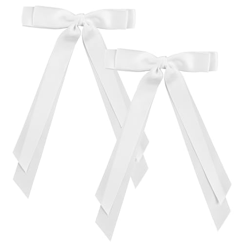 Haarschleifen mit langem Schwanz, weiße Satinschleifen, Schleifenband, Haarschleife mit seidigem Satin, Quastenband, Schleife, Haarschmuck für Damen und Mädchen, 2 Stück von YQQYG