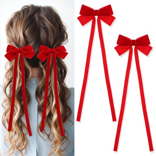 Samt-Haarschleifen, Samt-Haarschleifen mit langem Schwanz, niedliche Schleife für Mädchen, rote Haar-Accessoires, Clips für Frauen und Mädchen, 2 Stück von YQQYG