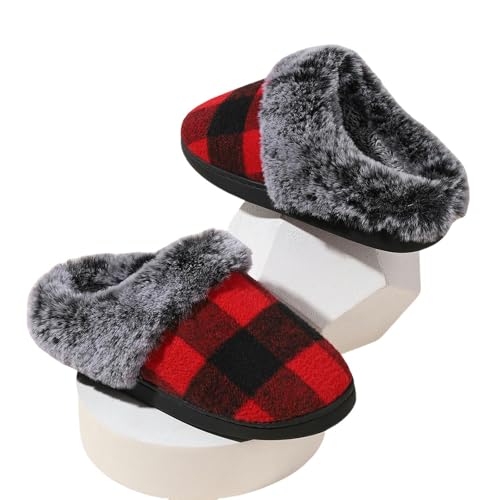YQQYMBD Hausschuhe Furry Pantoffers Plaid Fell Mund Warm Und Samtige Baumwollschuhe Nach Hause Nicht-rutschdicke Winterbaumwäscheschuhe Nach Hause-rot-38-39 von YQQYMBD