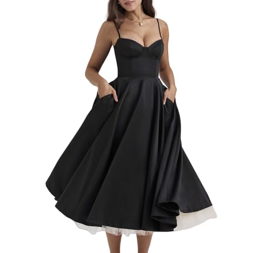 Damen Midi Mesh Plissee Spaghettiträgern Kleid, Sommer A-Linien ärmelloses Cocktailkleider Trägerkleid(Black,XL) von YQRYQP