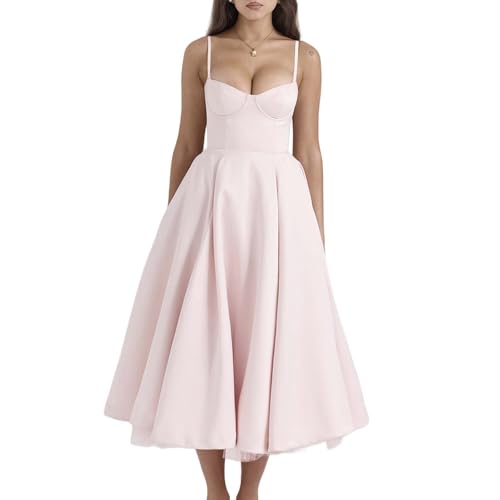 Damen Midi Mesh Plissee Spaghettiträgern Kleid, Sommer A-Linien ärmelloses Cocktailkleider Trägerkleid(Light Pink,L) von YQRYQP