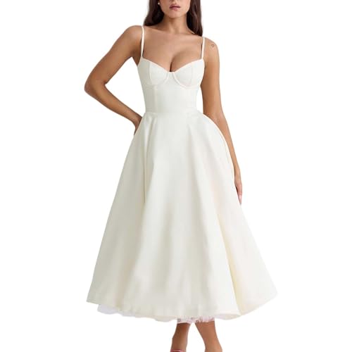 Damen Midi Mesh Plissee Spaghettiträgern Kleid, Sommer A-Linien ärmelloses Cocktailkleider Trägerkleid(White,M) von YQRYQP