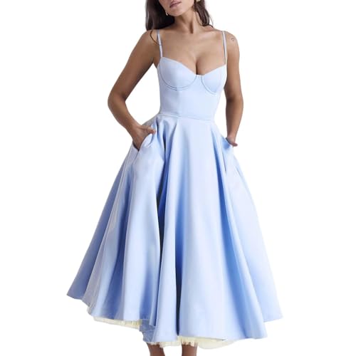 YQRYQP Damen Midi-Plissee-Kleid mit Spaghettiträgern, Mesh-Swing-Ärmelloses schulterfreies Cocktailkleid mit Taschen(light blue,L) von YQRYQP