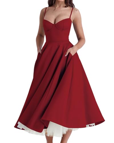 YQRYQP Damen Midi-Plissee-Kleid mit Spaghettiträgern, Mesh-Swing-Ärmelloses schulterfreies Cocktailkleid mit Taschen(red,M) von YQRYQP