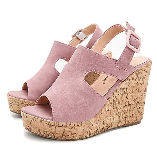 YQSHOES Modische Damen-Sandalen, Plateau, Keilabsatz, Fischmund-Design, 11 cm, bequem, rose, 40EU/6.5UK/8US von YQSHOES