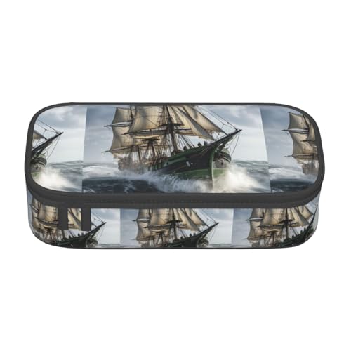 YQTGBCED Federmäppchen mit großem Fassungsvermögen, Motiv: Piratenschiff im Meer, mit Organizer, Oxford-Stoff, mehrere Fächer, Schwarz , Einheitsgröße, Kosmetiktasche von YQTGBCED