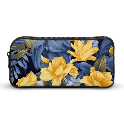 Federmäppchen mit großem Fassungsvermögen, blauer Boden, gelbes Blumenmuster, niedlicher Reißverschluss, Kosmetiktasche, Aufbewahrungstasche für Damen und Herren, Stil:, 22*12*5cm von YQYBF