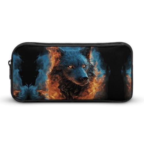 YQYBF Federmäppchen mit großem Fassungsvermögen, Wolfskopf in blauen Flammen, Stifttasche, niedlicher Reißverschluss, Kosmetiktasche, Aufbewahrungstasche für Damen und Herren, Stil:, 22*12*5cm von YQYBF