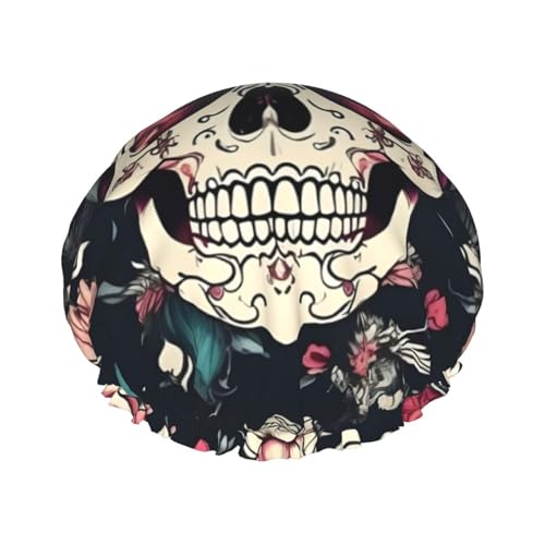 Duschhaube mit Totenkopf- und Blumendruck, Duschhaube für Damen, wiederverwendbar, wasserdicht, schnell trocknende Badekappe von YQxwJL