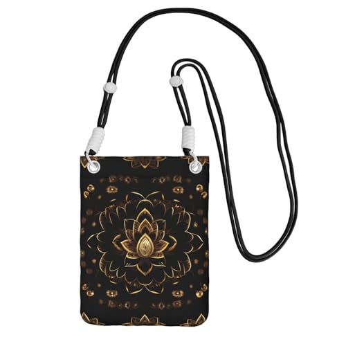 Goldene Umhängetasche mit Lotusblumen-Druck, für Männer und Frauen, lässige Mini-Handygeldbörsen, Anti-Diebstahl-Handytasche, für Wandern, Reisen, Schwarz, Einheitsgröße von YQxwJL