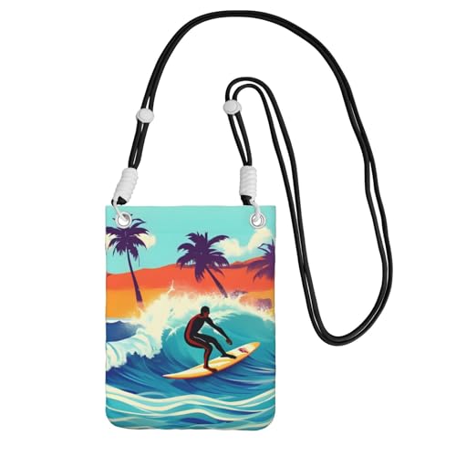 Hawaiianischer Surfer auf gewelltem Druck, für Männer und Frauen, lässige Mini-Handygeldbörsen, Anti-Diebstahl-Handytasche, für Wandern, Reisen, Schwarz, Einheitsgröße von YQxwJL